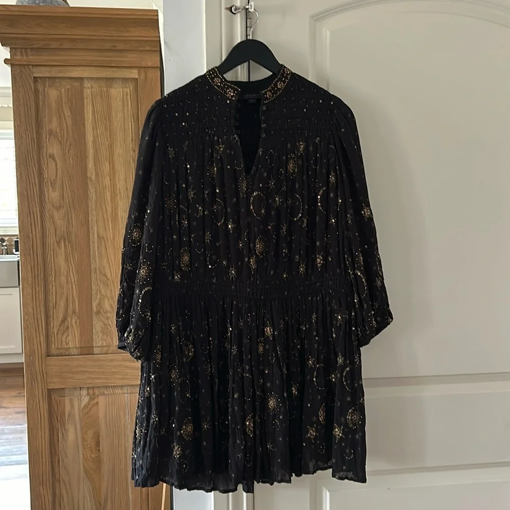 All Saints Black and Gold Smocked A-Line Dress - Picture 4 of 15